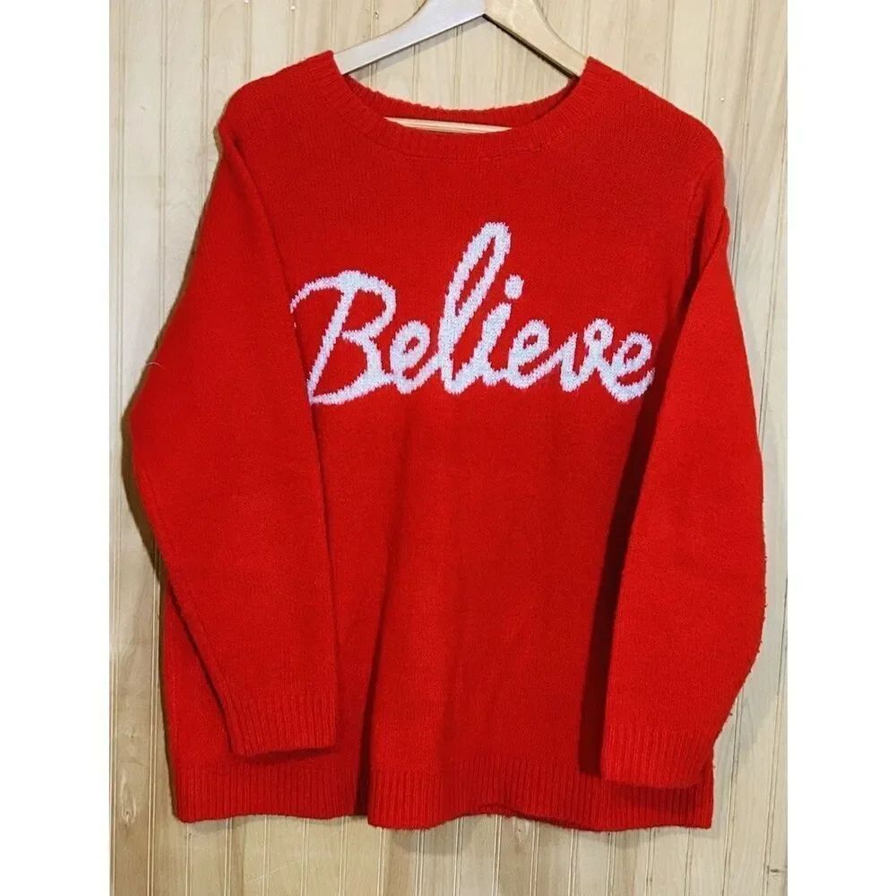 Cupcakes And Cashmere Red With White Lettering Believe Christmas Sweater 1x